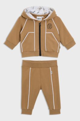 Baby tracksuit in stretch cotton with monogram details, Brown