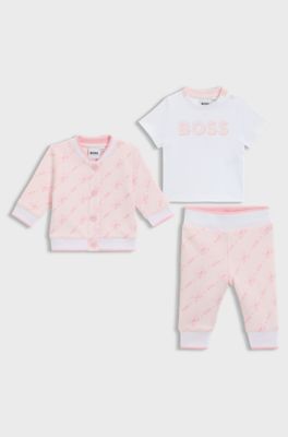 Gift-boxed three-piece cotton tracksuit for babies, light pink