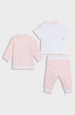 Gift-boxed three-piece cotton tracksuit for babies, light pink