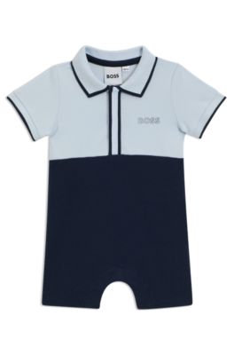 Baby playsuit in stretch cotton with polo collar, Dark Blue