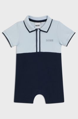 Baby playsuit in stretch cotton with polo collar, Dark Blue