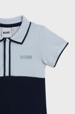 Baby playsuit in stretch cotton with polo collar, Dark Blue