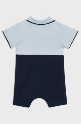 Baby playsuit in stretch cotton with polo collar, Dark Blue