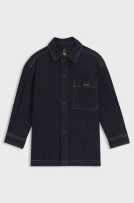 Kids' denim shirt with branded chest pocket, Patterned