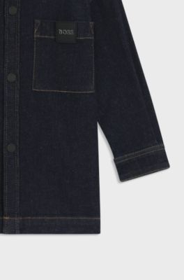 Kids' denim shirt with branded chest pocket, Patterned