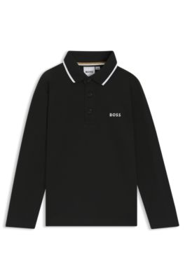 Kids' long-sleeved cotton-piqu&eacute; polo shirt with logo, Black