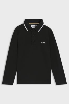 Kids' long-sleeved cotton-piqu&eacute; polo shirt with logo, Black