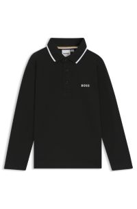 Kids' long-sleeved cotton-piqué polo shirt with logo, Black