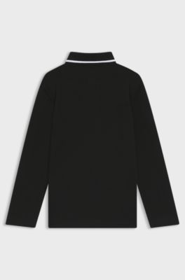 Kids' long-sleeved cotton-piqu&eacute; polo shirt with logo, Black