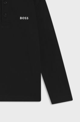 Kids' long-sleeved cotton-piqu&eacute; polo shirt with logo, Black