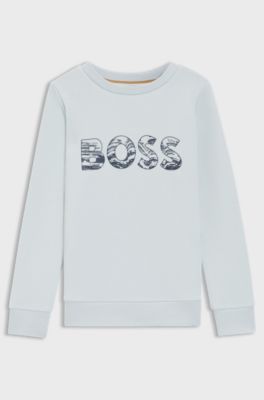 Felpa da bambini in pile di misto cotone con grafica con logo, Celeste