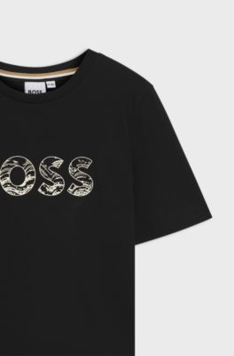 Kids' T-shirt in cotton jersey with logo artwork, Black
