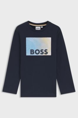 Maglia a maniche lunghe per bambini in cotone con grafica con logo, Blu scuro
