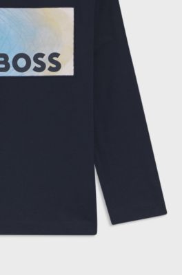 T-shirt med lange &aelig;rmer til b&oslash;rn i bomuld med logografik, M&oslash;rkebl&aring;