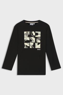Katoenen T-shirt met lange mouwen voor kinderen bedrukt met artwork, Zwart