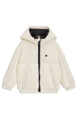 Kids' hooded jacket in twill and faux shearling, Light Beige