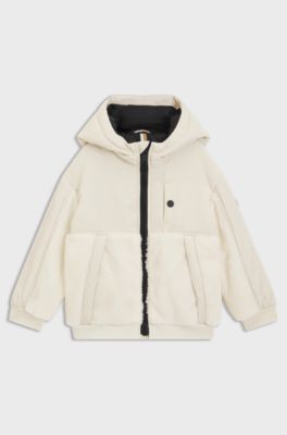Kids' hooded jacket in twill and faux shearling, Light Beige