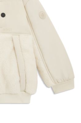 Kids' hooded jacket in twill and faux shearling, Light Beige