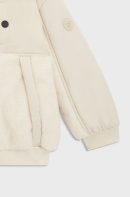 Giacca con cappuccio da bambini in twill e shearling sintetico, Beige chiaro