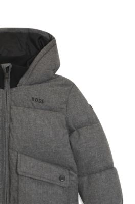 Giubbotto imbottito da bambini effetto flanella con logo stampato, Grigio scuro