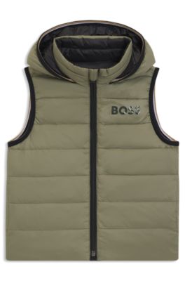 Gilet reversibile da bambini con imbottitura di piume e logo stampato, Verde scuro