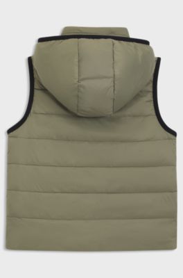 Gilet reversibile da bambini con imbottitura di piume e logo stampato, Verde scuro