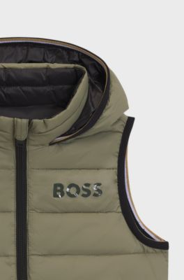 Gilet reversibile da bambini con imbottitura di piume e logo stampato, Verde scuro