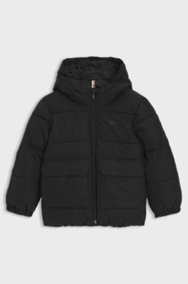 Giubbotto imbottito da bambini con cappuccio e logo stampato, Nero