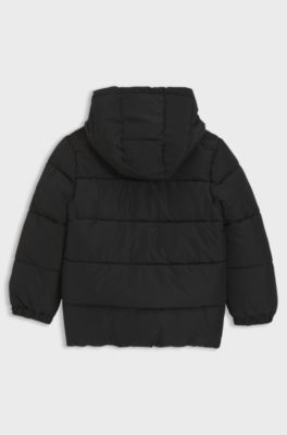 Kids-Steppjacke mit Kapuze und Logo-Print, Schwarz