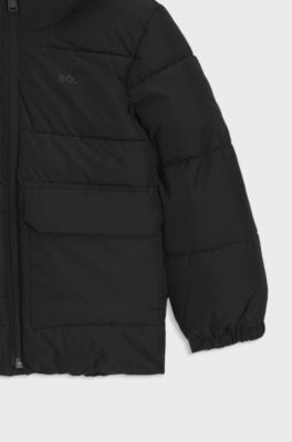 Kids-Steppjacke mit Kapuze und Logo-Print, Schwarz