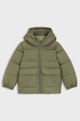 Kids' hooded puffer jacket with logo print, Dark Green