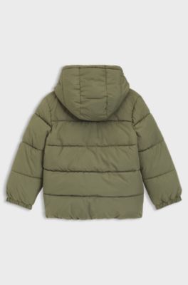 Pufferjack voor kinderen met capuchon en logoprint, Donkergroen