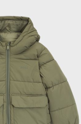 Giubbotto imbottito da bambini con cappuccio e logo stampato, Verde scuro