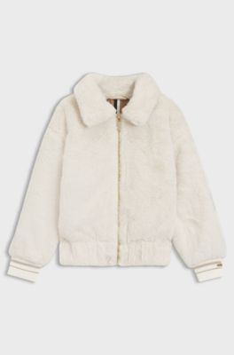 Veste en fourrure synth&eacute;tique avec poignets &agrave; rayures pour enfant, Blanc
