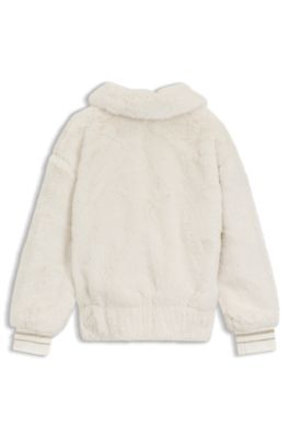 Kids' faux-fur jacket with striped cuffs, White