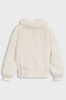 Kids' faux-fur jacket with striped cuffs, Natural