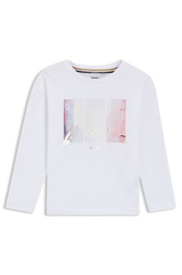 Kids' long-sleeved stretch-cotton T-shirt with printed artwork, White