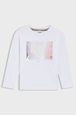 Kids' long-sleeved stretch-cotton T-shirt with printed artwork, White