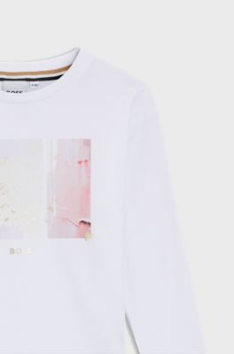 T-shirt en coton stretch &agrave; manches longues et logo imprim&eacute; pour enfant, Blanc