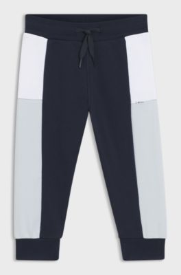 Pantaloni della tuta per bambini in pile di misto cotone a blocchi di colore, Blu scuro