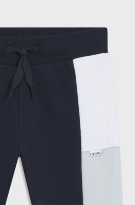 Pantaloni della tuta per bambini in pile di misto cotone a blocchi di colore, Blu scuro