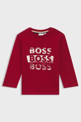 키즈 반복 로고 코튼 롱 슬리브 티셔츠, 레드