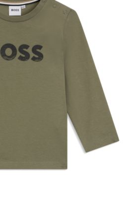 Maglia a maniche lunghe per bambini in cotone con grafica con logo, Verde scuro