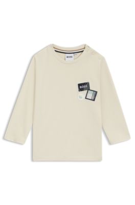 Camiseta de manga larga para ni&ntilde;os en algod&oacute;n con tres insignias de logo, Beige claro