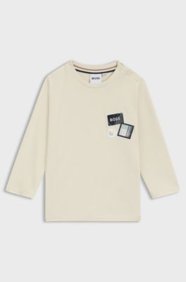 T-shirt a maniche lunghe da bambini in cotone con tre targhette con logo, Beige chiaro