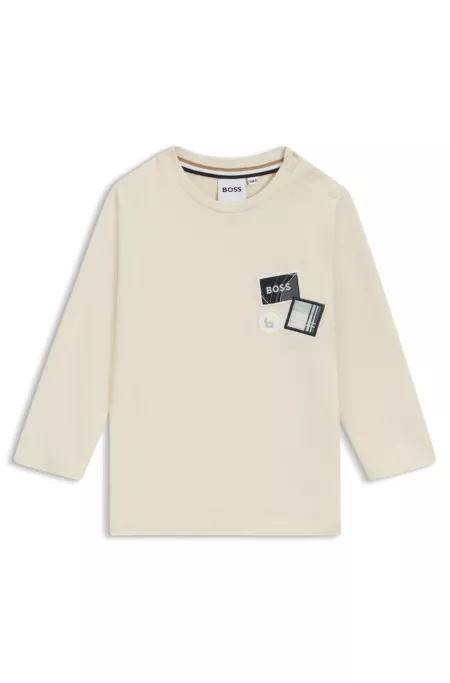 T-shirt en coton à manches longues avec trois badges logotés pour enfant