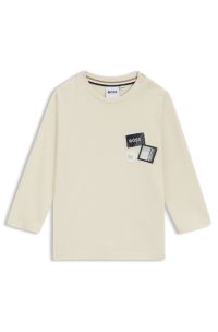 Kids' long-sleeved cotton T-shirt with three logo badges, Light Beige