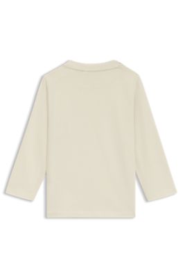 T-shirt a maniche lunghe da bambini in cotone con tre targhette con logo, Beige chiaro