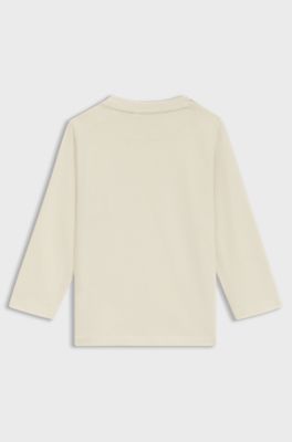 T-shirt a maniche lunghe da bambini in cotone con tre targhette con logo, Beige chiaro
