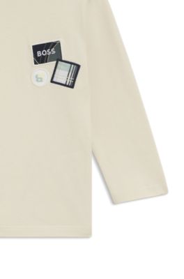 T-shirt a maniche lunghe da bambini in cotone con tre targhette con logo, Beige chiaro